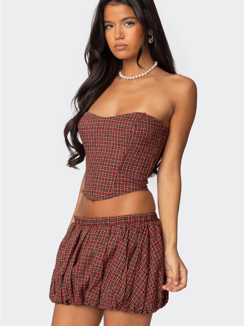 EDIKTED Marlene Plaid Lace Up Corset